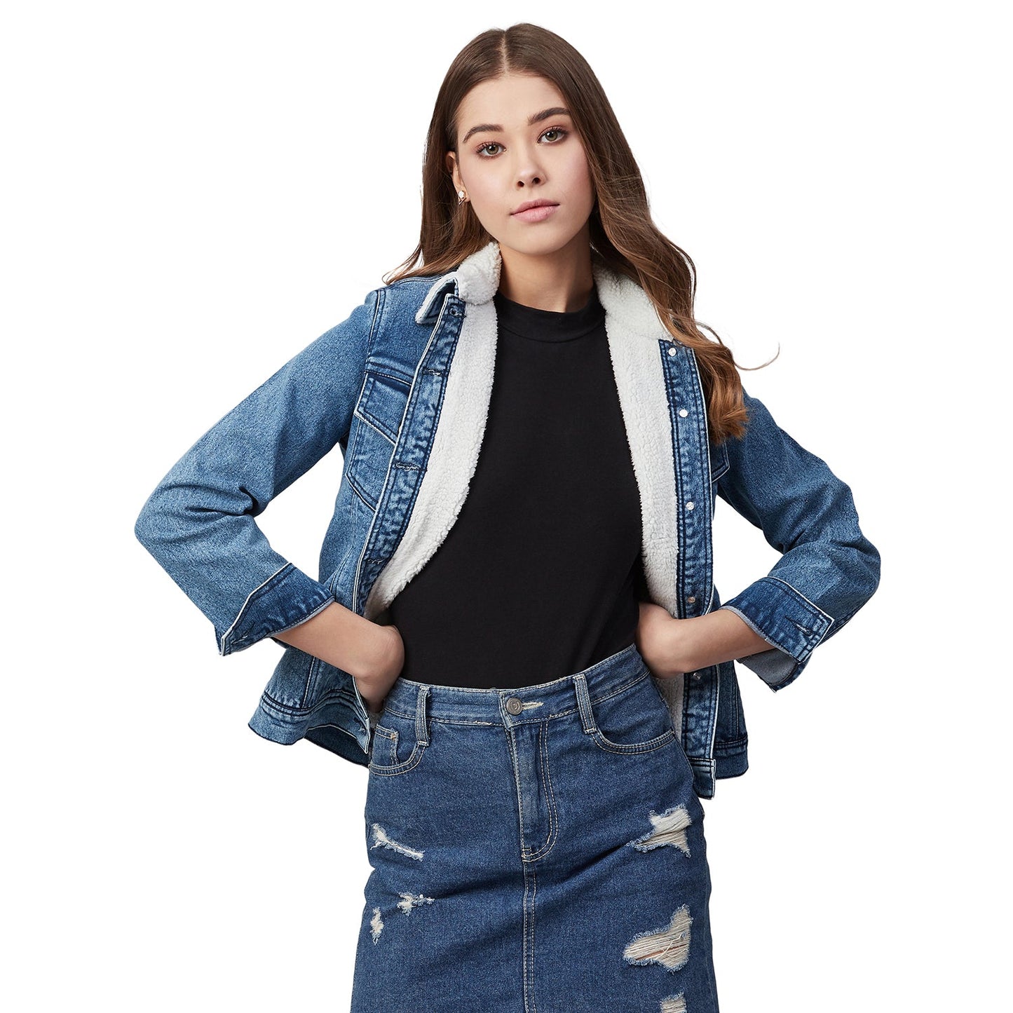 Women's Denim Jacket with Soft Warm Faux Fur Lining inside -Blue