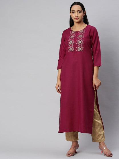 Women's KSUT Fuchsia And Gold Yoke Embroidery Kurta With 3/4Th Sleeves