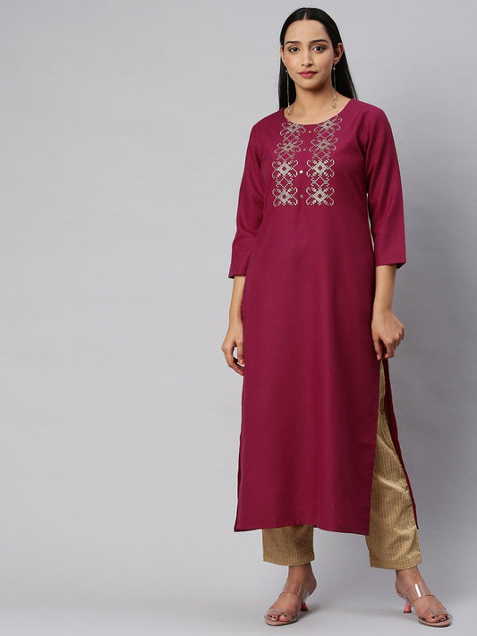Women's KSUT Fuchsia And Gold Yoke Embroidery Kurta With 3/4Th Sleeves