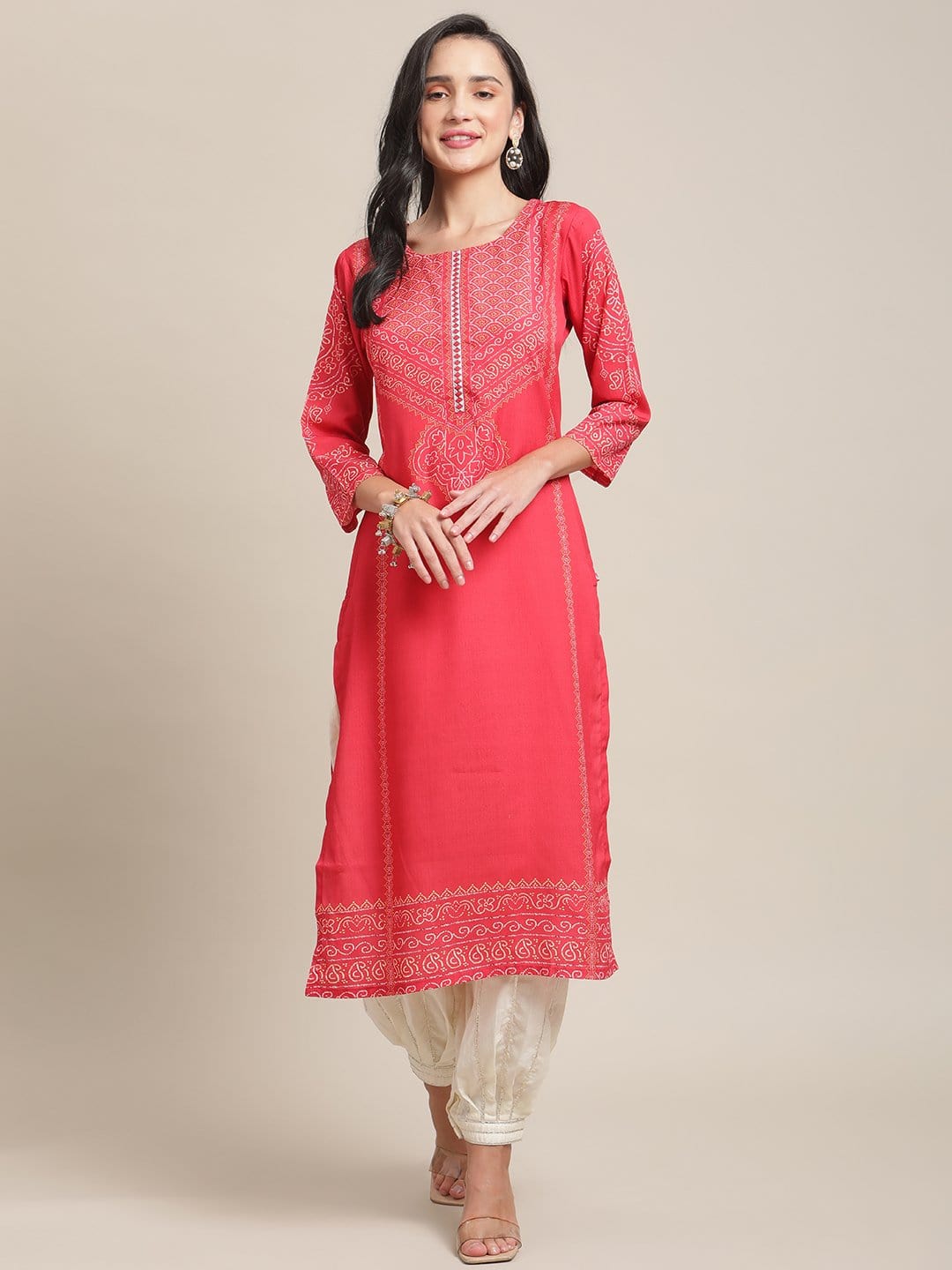 Women's Red And Mustard Printed Kurta With Gota Work On Yoke