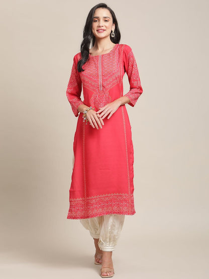 Women's Red And Mustard Printed Kurta With Gota Work On Yoke