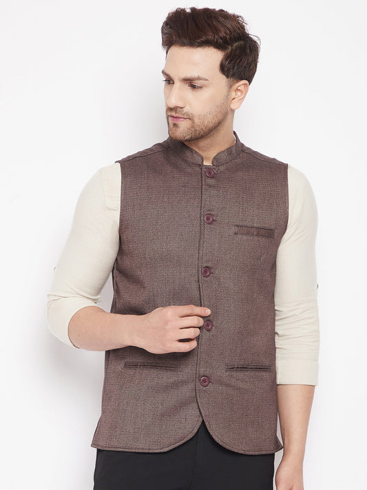 Men's Brown Color Woven Nehru Jacket