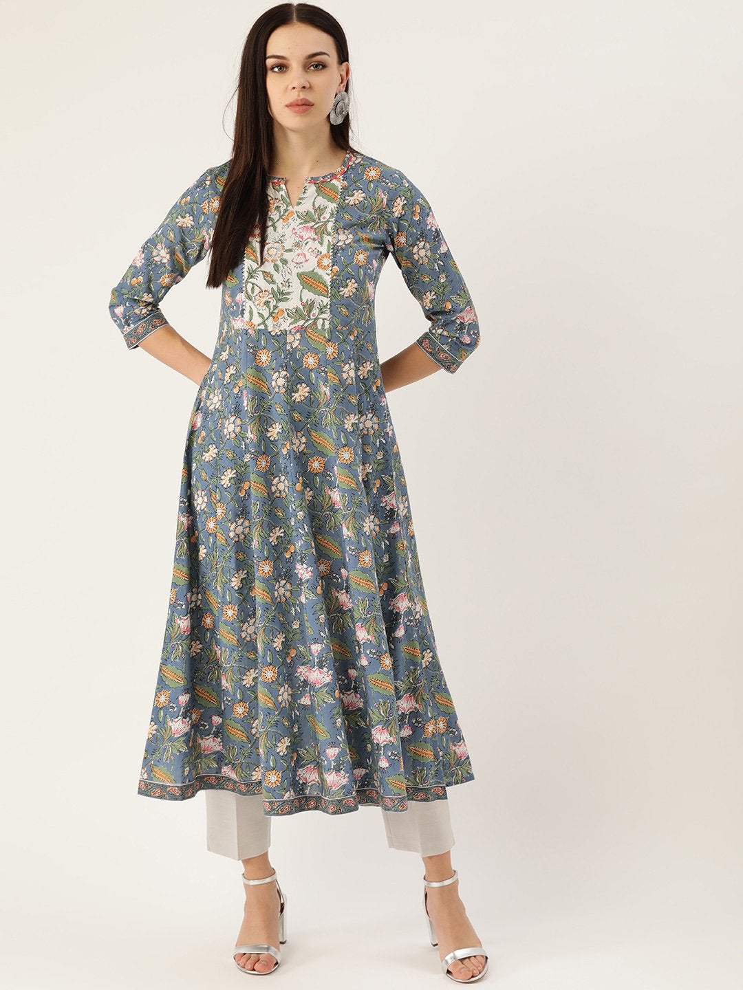 Women's Blue Cotton Anarkali Kurta