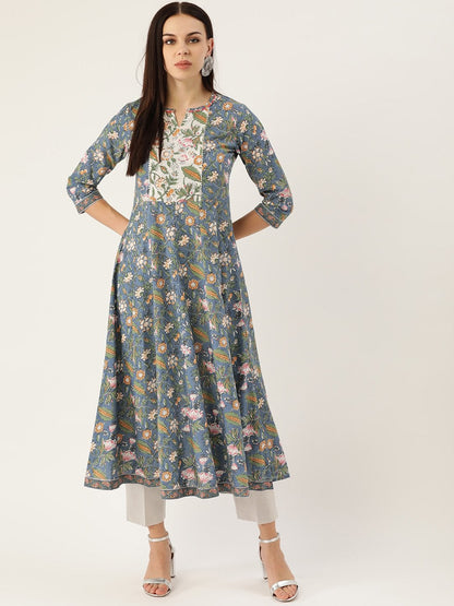 Women's Blue Cotton Anarkali Kurta