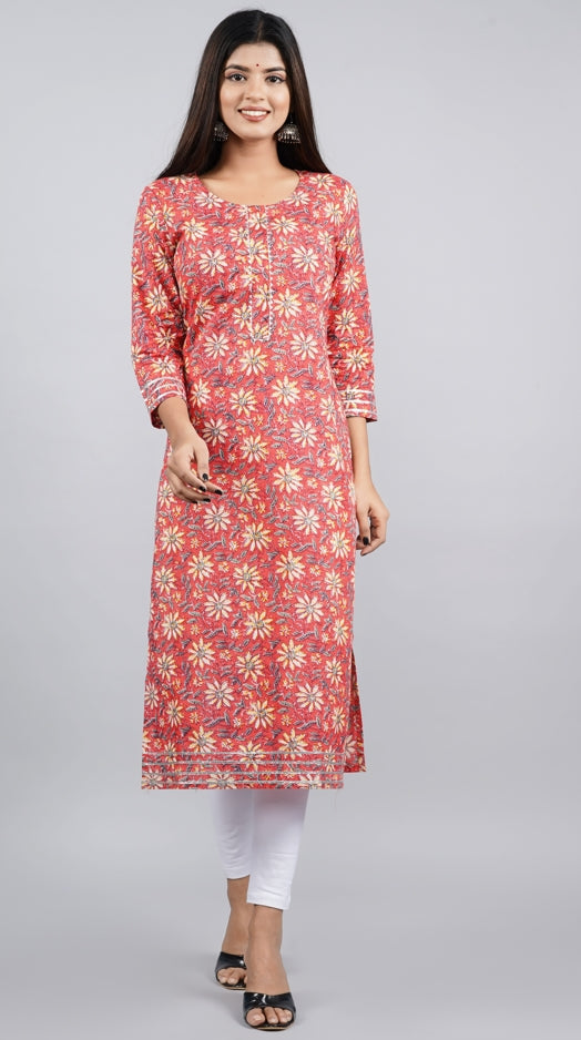 Women's Red Floral Print Straight Kurta