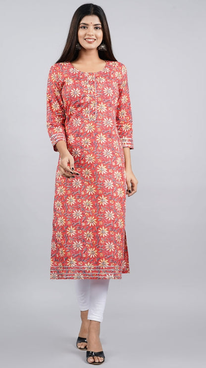 Women's Red Floral Print Straight Kurta