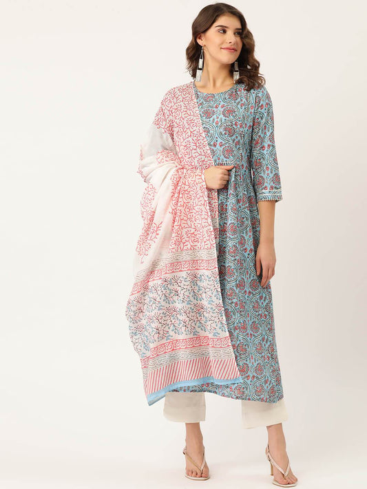 Women's Cotton Printed A-line Kurta Suit Set With Dupatta