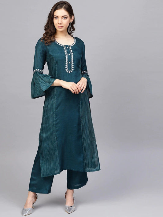 Women's Teal Embroidered Straight Kurta with Palazzos