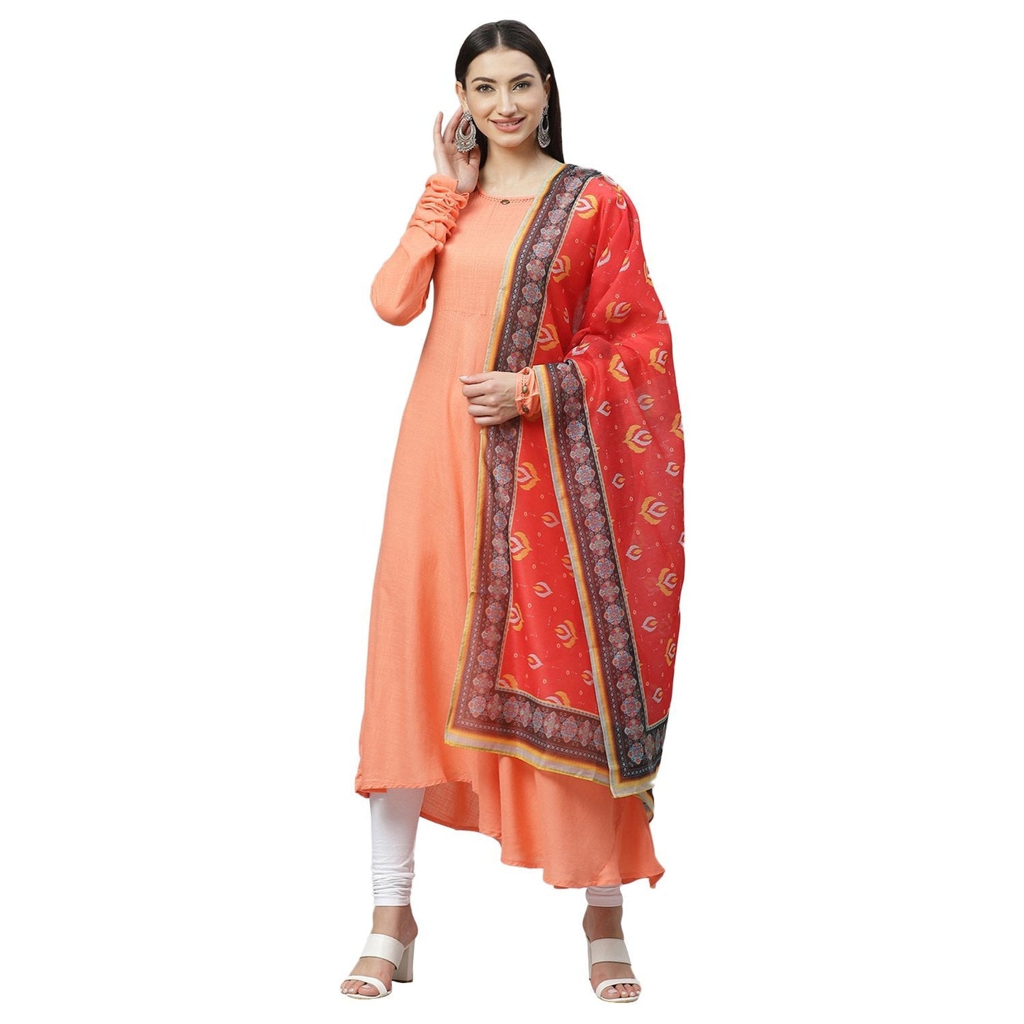 Women's Pink Cotton Solid Full Sleeve Round Neck Casual Anarkali Kurta With Dupatta