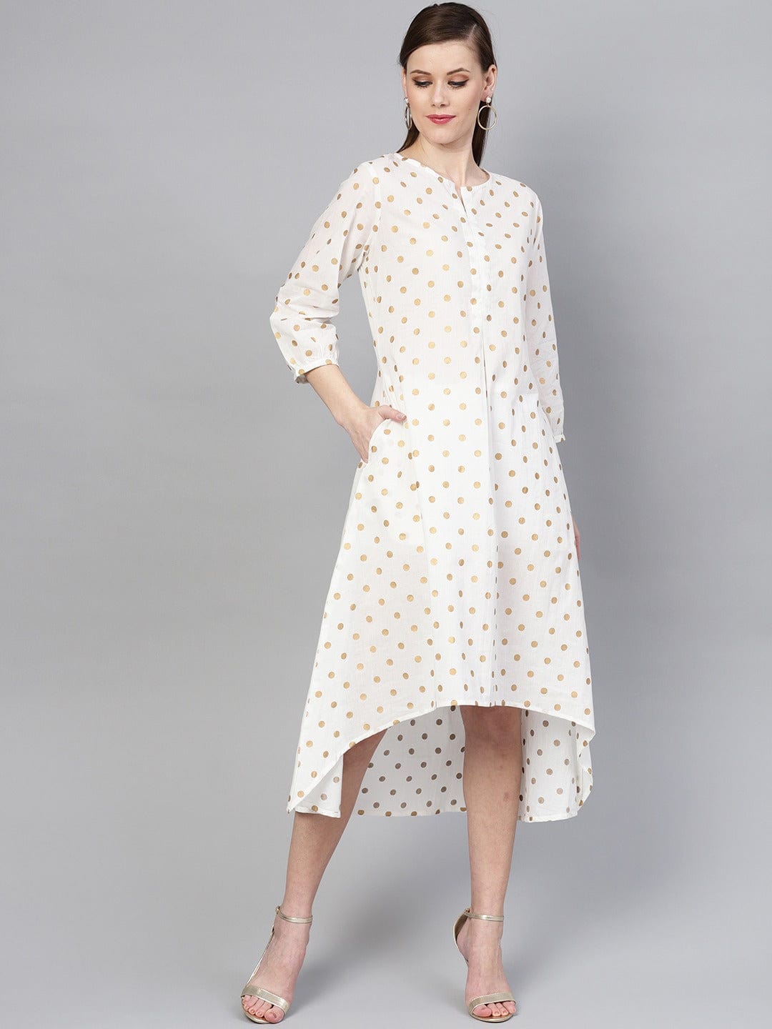 Women's White & Beige Polka Dots Printed A-Line Dress