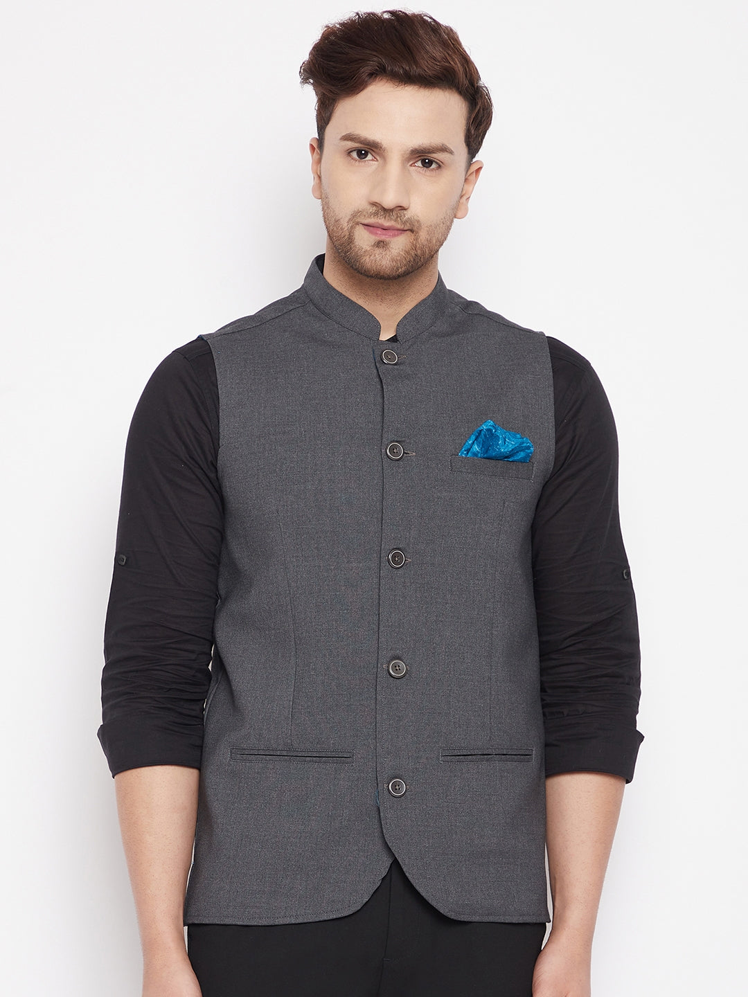 Men's Grey Color Nehru Jacket-Contrast Lining-Free Pocket Square