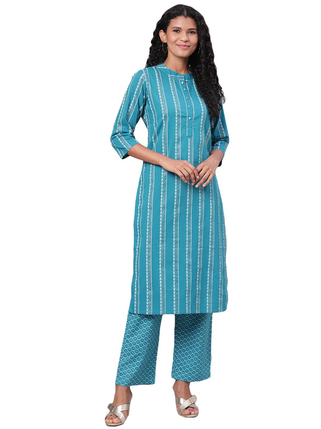 Women's Blue Printed 3/4 Sleeve Cotton Round Neck Casual Kurta Pant Set