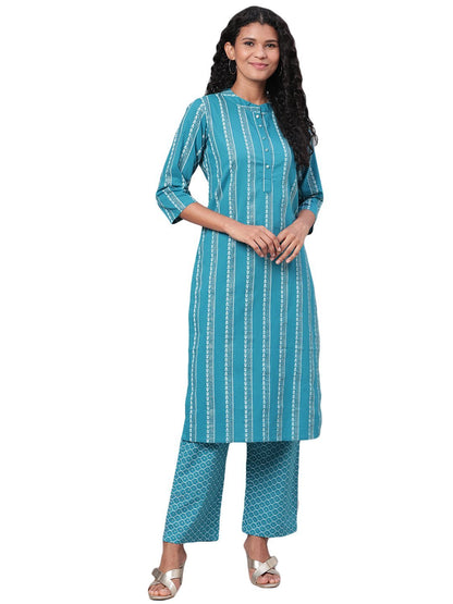 Women's Blue Printed 3/4 Sleeve Cotton Round Neck Casual Kurta Pant Set
