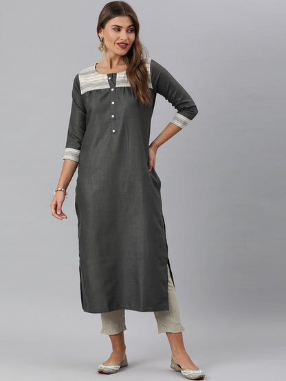 Women's KSUT Grey And Off White Straight Kurta With Stripe Woven Yoke And 3/4Th Sleeves