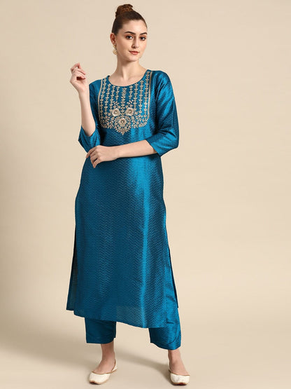 Women's Blue & Golden Embroidered Jacquard Kurta with Trousers
