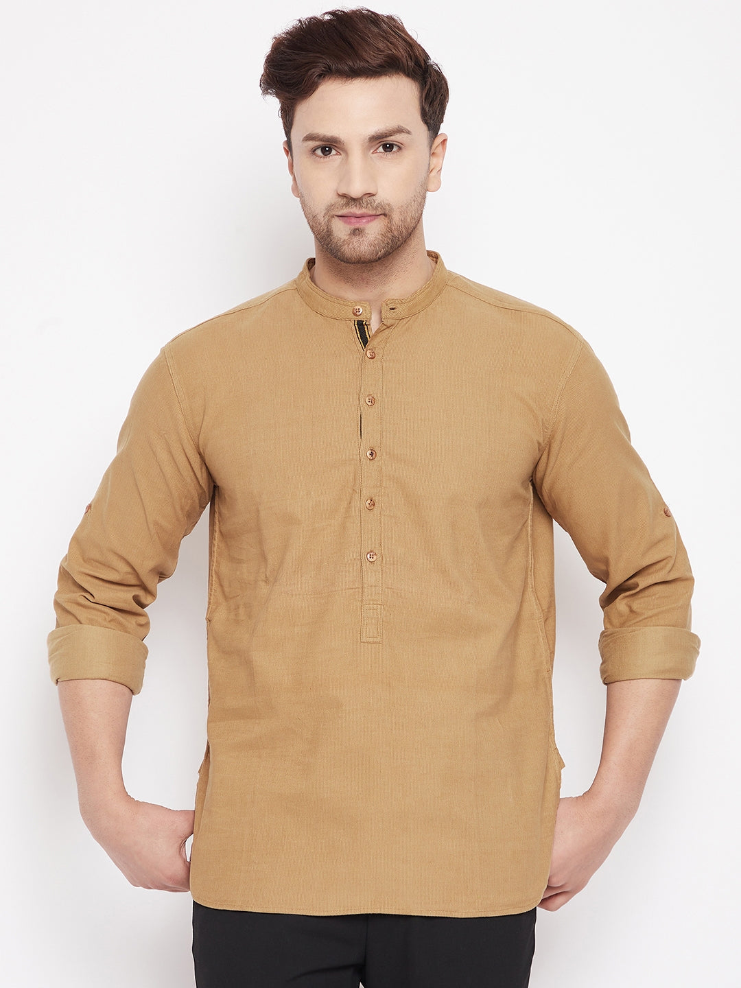 Men's Beige Color Short Kurta with Band Collar