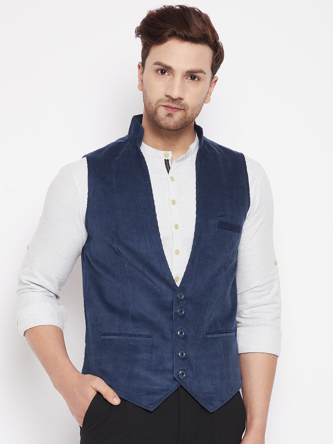 Men's Blue Color Woven Nehru Jacket