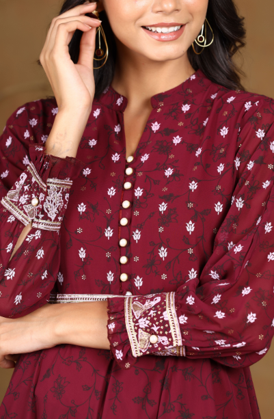 Women's Georgette Printed Flared Dress With Belt