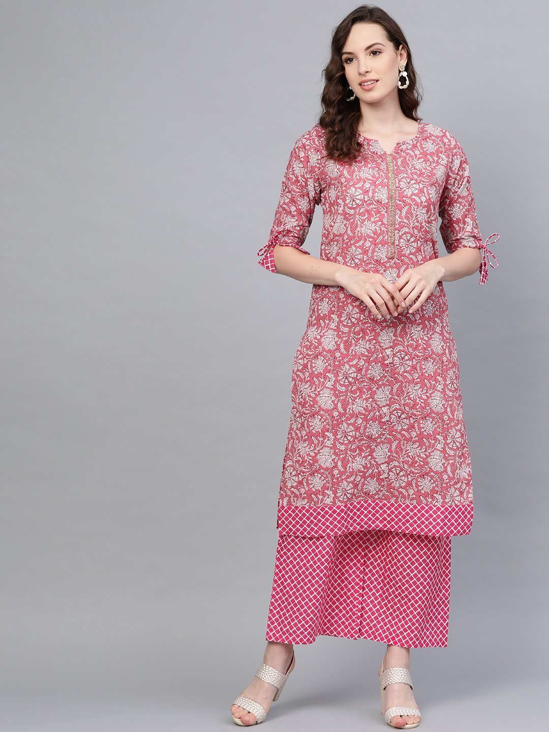 Women's Pink Cotton Printed Half Sleeve Round Neck Casual Kurta Palazzo Set