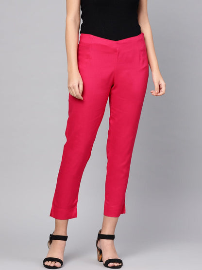Women's Fuchsia Solid Regular Trousers