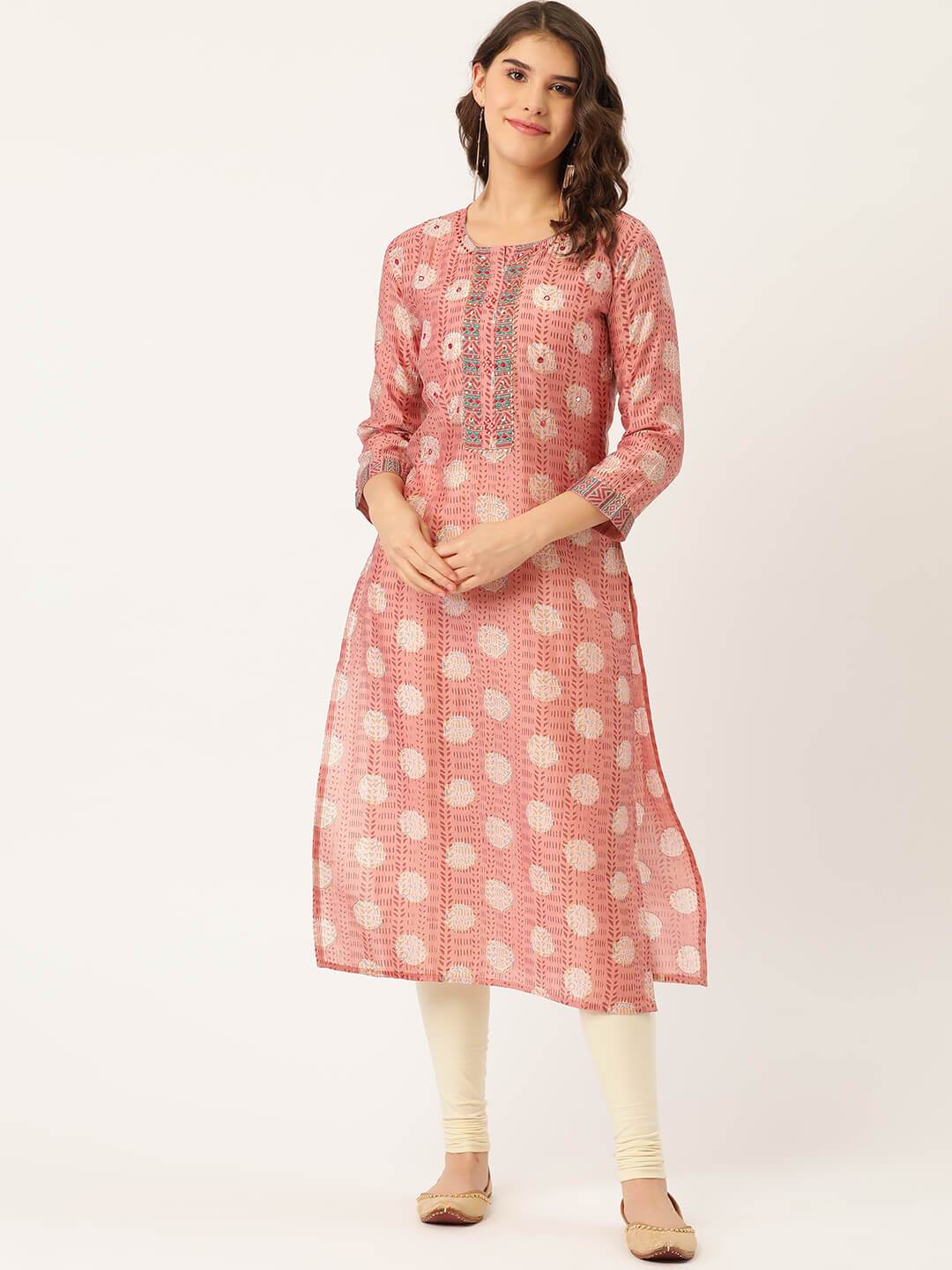 Women's Rayon Printed & Handwork Mirror detailing Yoke Kurta