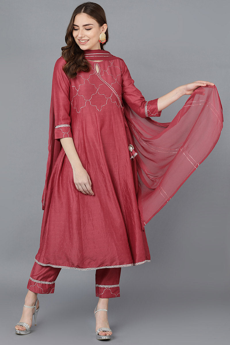 Women's Poly Silk Embroidered Kurta Pants With With Dupatta