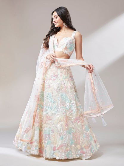Women 's Cream Net Sequinse Work Ready to Wear Lehenga & stitched Blouse with Dupatta