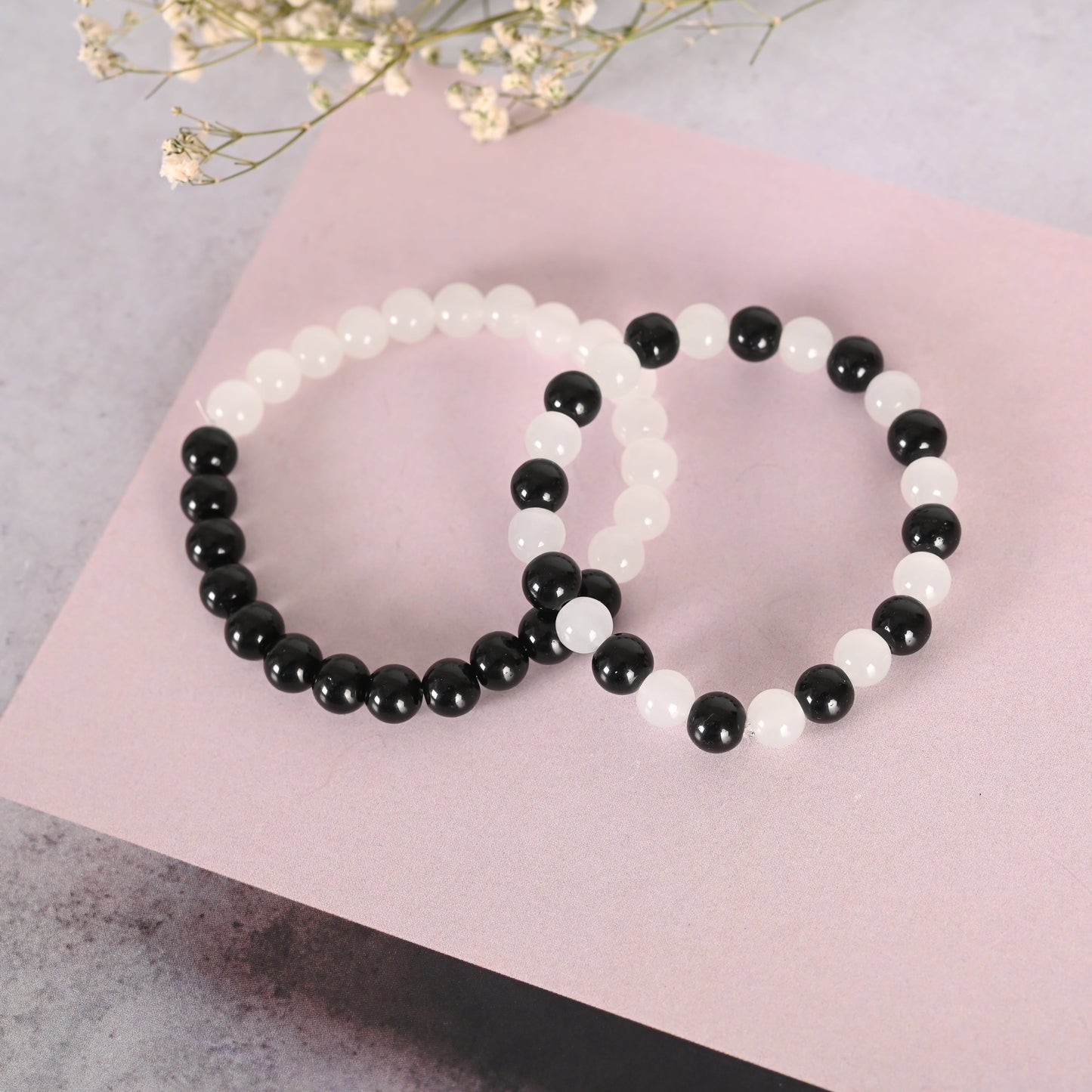 Unisex White & Black Marbel Crystal Elasticated Bracelet