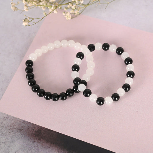 Unisex White & Black Marbel Crystal Elasticated Bracelet