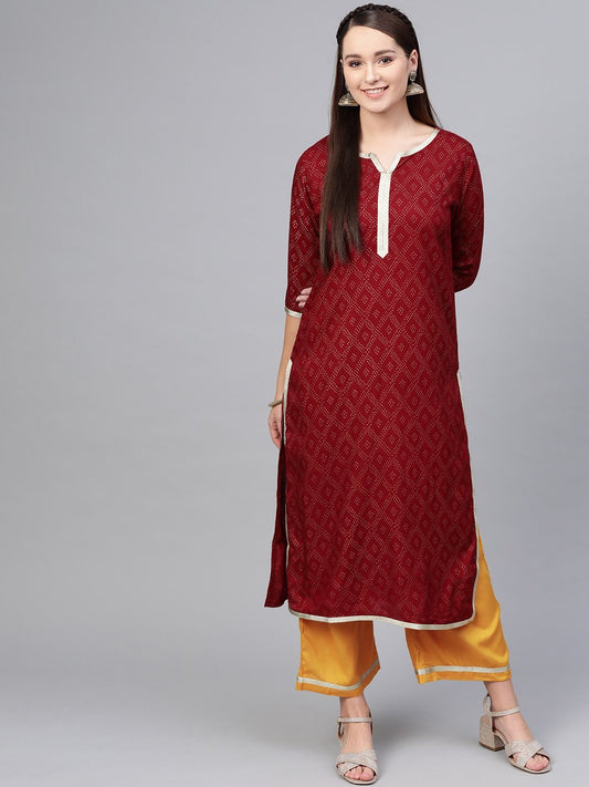 Women's Maroon Cotton Printed Half Sleeve Round Neck Casual Kurta Palazzo Set