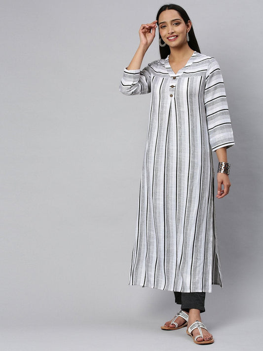 Women's KSUT White And Black Stripe Woven Kurta With 3/4Th Sleeves