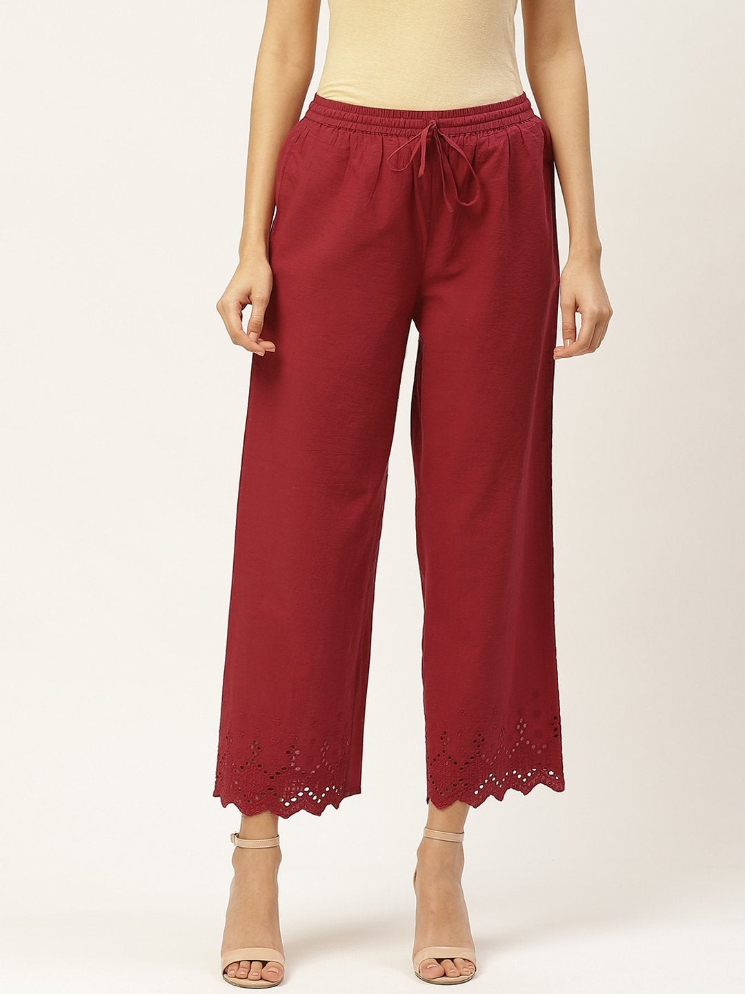 Women's Solid Schiffli Straight Cotton Palazzos