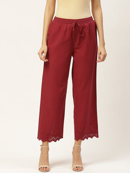 Women's Solid Schiffli Straight Cotton Palazzos