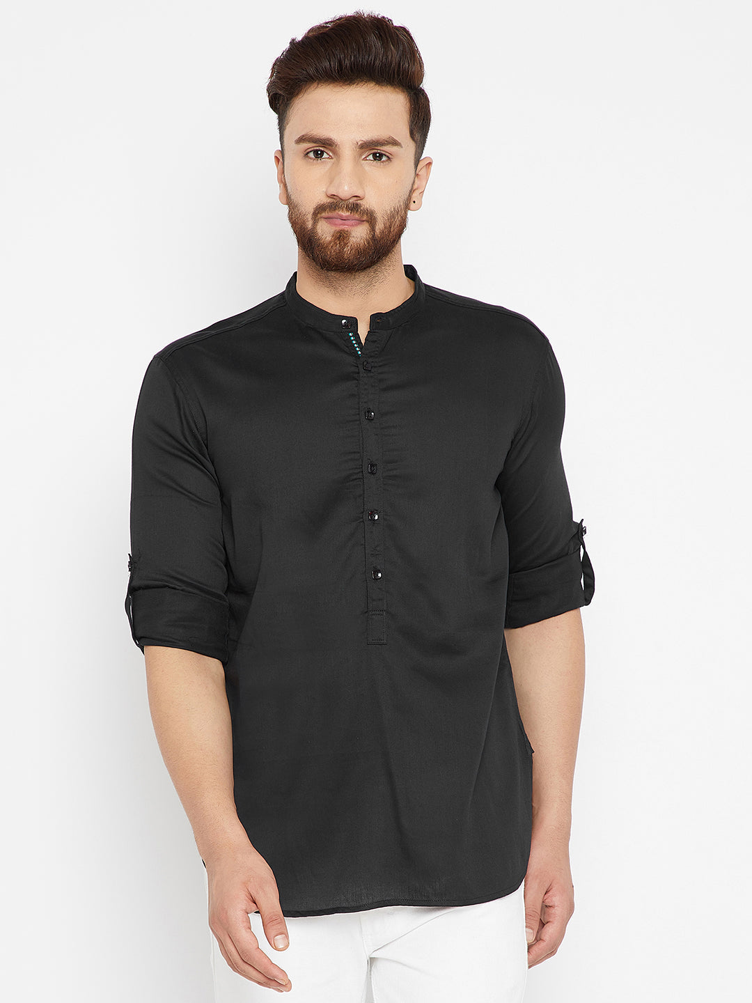 Men's Black Cotton Solid Shirt Kurta