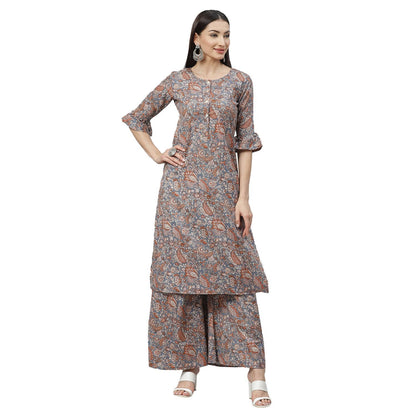 Women's Grey Cotton Linen Printed Half Sleeve Round Neck Casual Kurta Palazzo Set