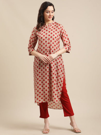 Women's Rust And Beige Polka Dot Printed High -Low Kurta