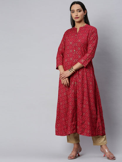 Women's KSUT Fuchsia And Gold Geometric Printed A Line Kurta With 3/4Th Sleeves