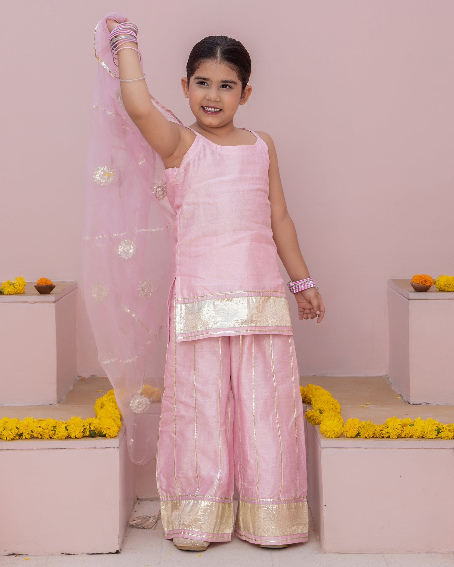 Girl's Mini Pink Solid Chanderi Suit Set