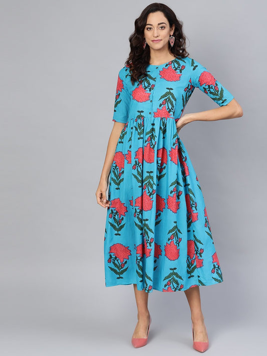Women's Sky Blue Cotton Printed 3/4 Sleeve Round Neck Dress