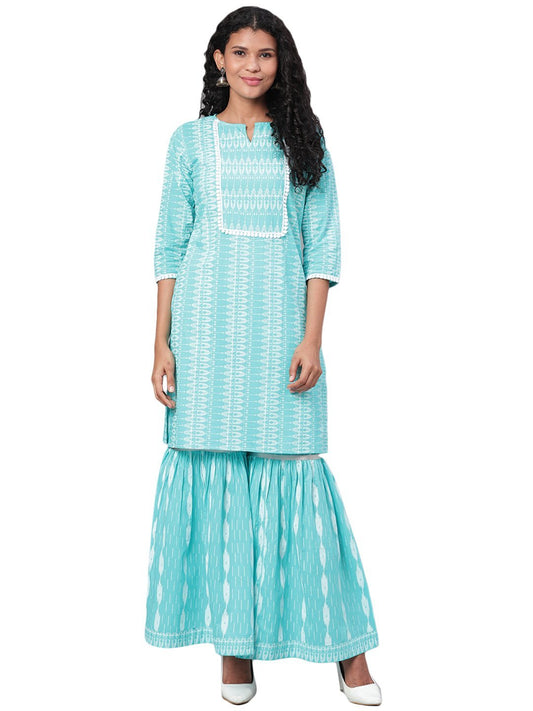 Women's Blue Printed 3/4 Sleeve Cotton Slub Maidran Coller Casual Kurta & Sharara Set