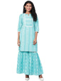 Women's Blue Printed 3/4 Sleeve Cotton Slub Maidran Coller Casual Kurta & Sharara Set