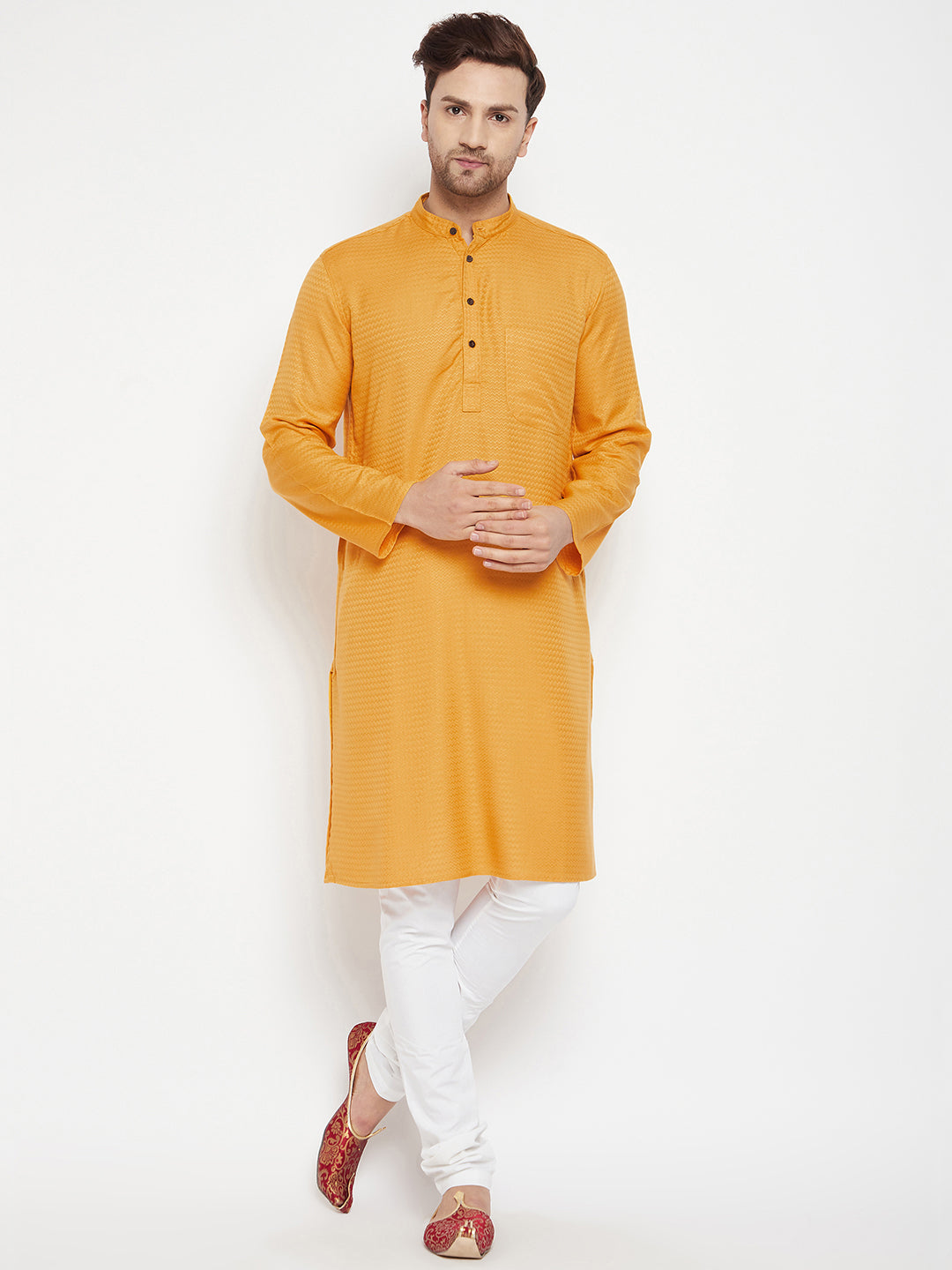 Men's Yellow Color Long Kurta with Band Collar