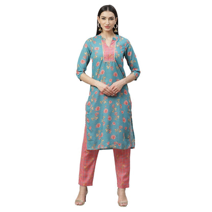 Women's Multicolor Poly Cotton Printed 3/4 Sleeve Mandrin Neck Casual Kurta Pant Set