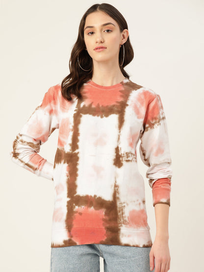 Women's White and Pink Checks Tie Dye Sweat Shirt