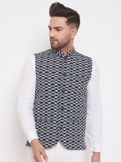 Men's Navy Blue Woven Designer Jacket