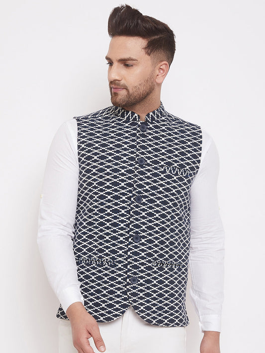 Men's Navy Blue Woven Designer Jacket