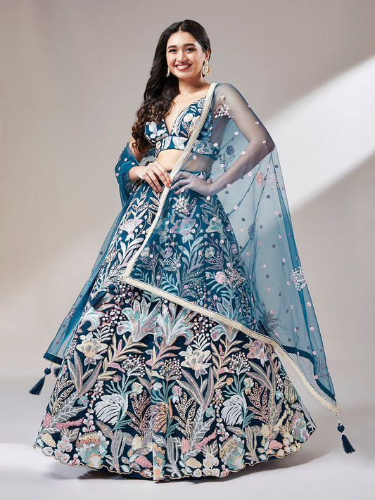 Women 's Navy blue Net Sequinse Work Ready to Wear Lehenga & stitched Blouse with Dupatta