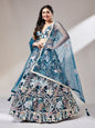 Women 's Navy blue Net Sequinse Work Ready to Wear Lehenga & stitched Blouse with Dupatta