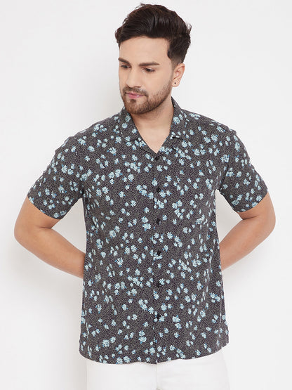 Men's Black & Aqua Floral Cuban Collar Shirt