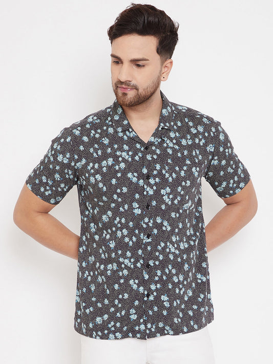 Men's Black & Aqua Floral Cuban Collar Shirt